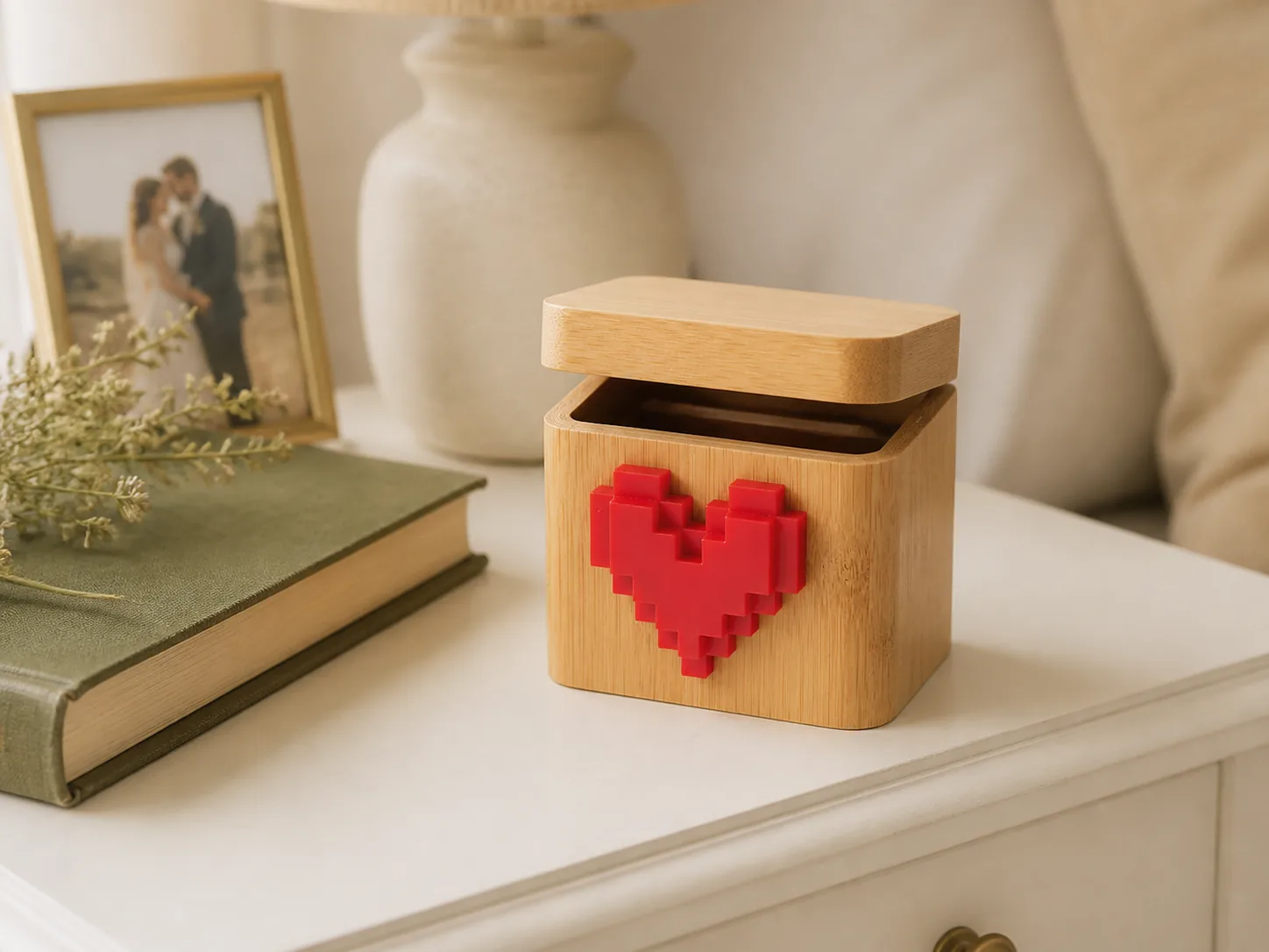 A bamboo Lovebox Photo Messenger beside a wedding photograph